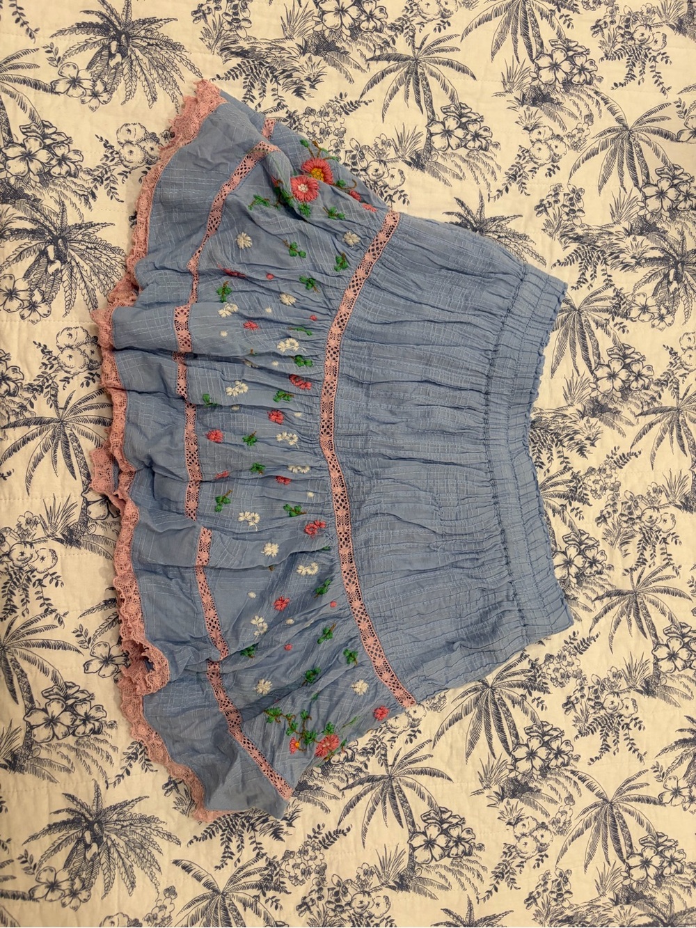 LoveShackFancy Jennings Blue Mini Skirt with Pink Trim and Floral Embroidery L